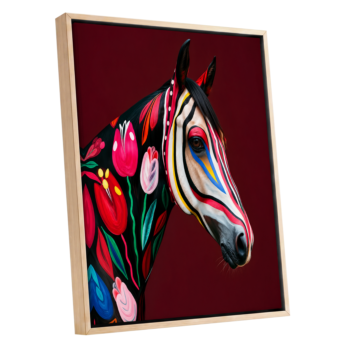 Floral Cavalcade, black, red, pink floral wall art shown as a oak framed canvas wall art
