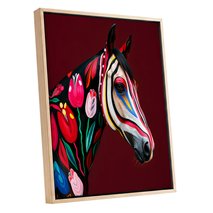 Floral Cavalcade, black, red, pink floral wall art shown as a oak framed canvas wall art