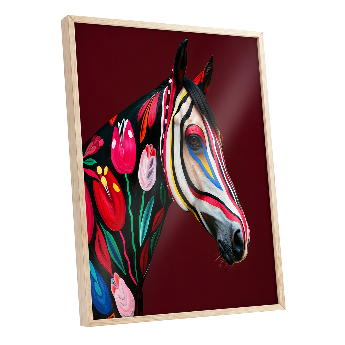 Floral Cavalcade, black, red, pink floral wall art shown as a oak framed poster wall art print