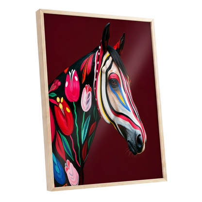 Floral Cavalcade, black, red, pink floral wall art shown as a oak framed poster wall art print
