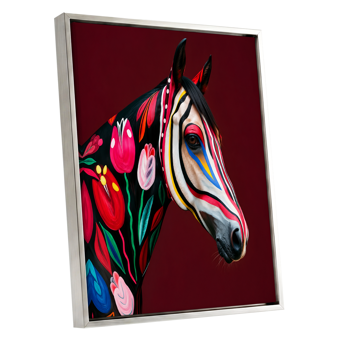 Floral Cavalcade, black, red, pink floral wall art shown as a silver framed canvas wall art