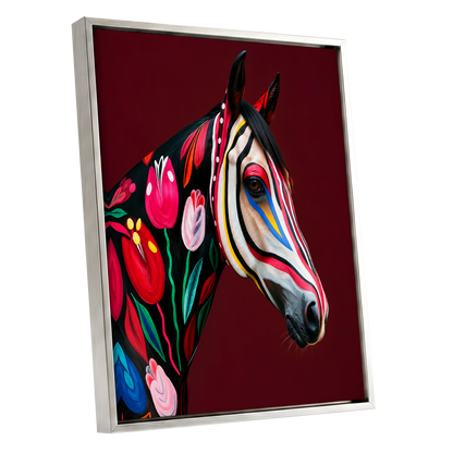 Floral Cavalcade, black, red, pink floral wall art shown as a silver framed canvas wall art