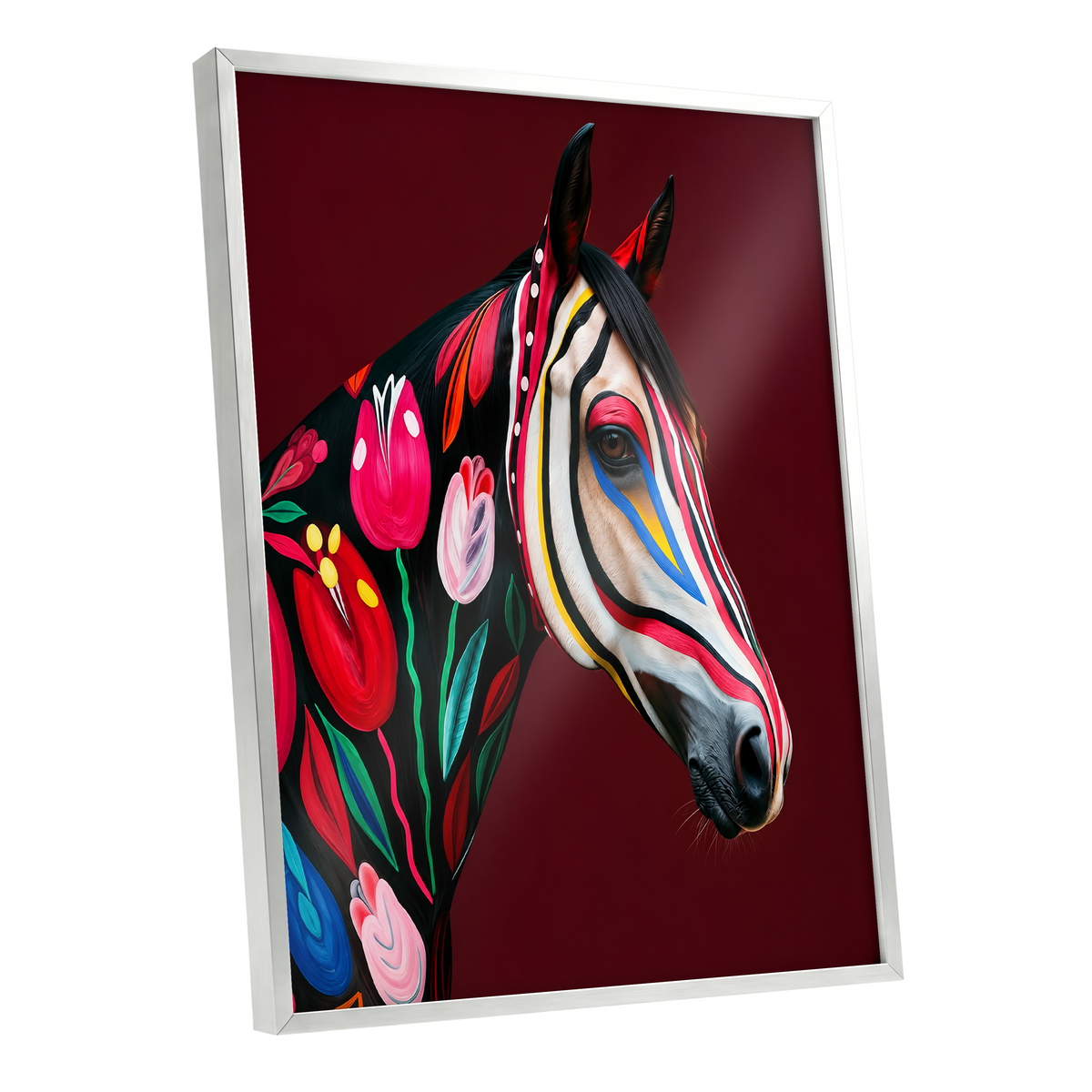 Floral Cavalcade, black, red, pink floral wall art shown as a silver framed poster wall art print