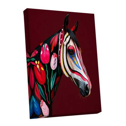 Floral Cavalcade, black, red, pink floral wall art shown as a stretched canvas wall art