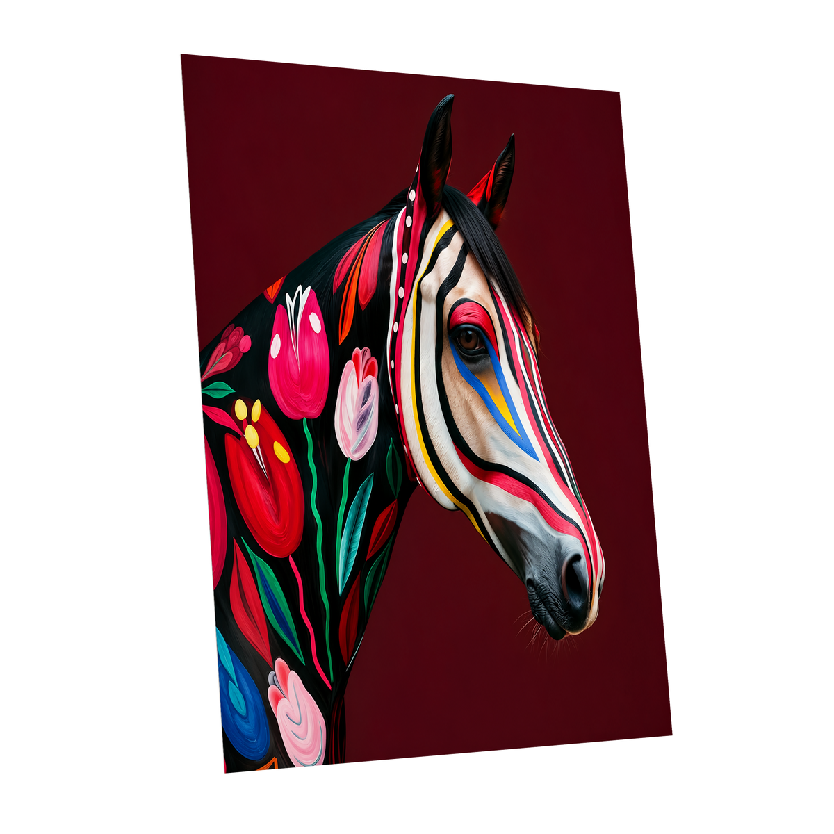Floral Cavalcade, black, red, pink floral wall art shown as a unframed poster wall art print