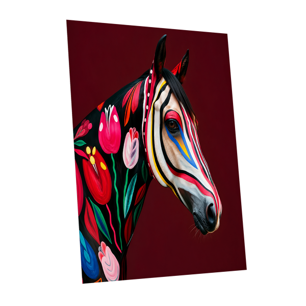 Floral Cavalcade, black, red, pink floral wall art shown as a unframed poster wall art print