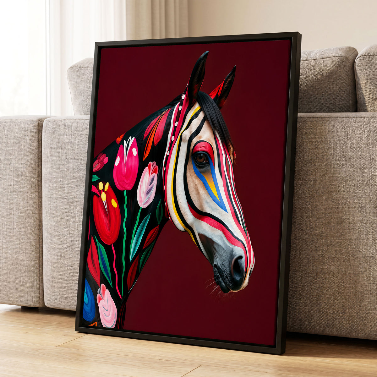 Floral Cavalcade, black, red, pink floral wall art displayed in a styled interior, gallery view 1