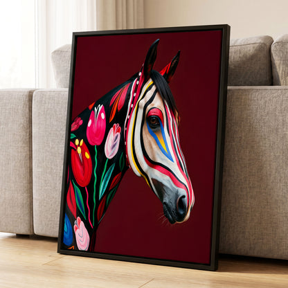 Floral Cavalcade, black, red, pink floral wall art displayed in a styled interior, gallery view 1