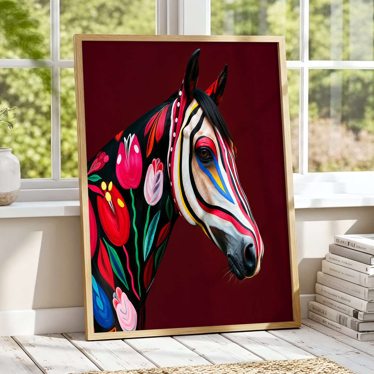 Floral Cavalcade, black, red, pink floral wall art displayed in a styled interior, gallery view 2
