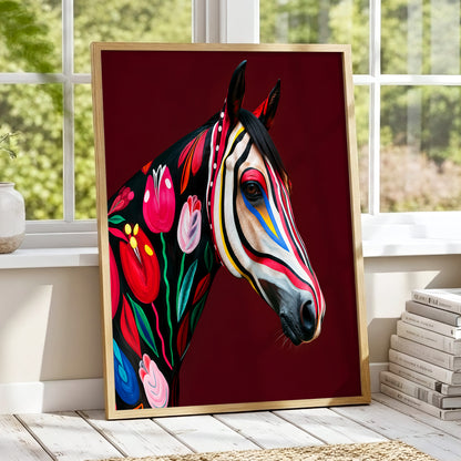 Floral Cavalcade, black, red, pink floral wall art displayed in a styled interior, gallery view 2