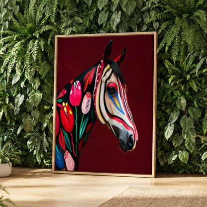 Floral Cavalcade, black, red, pink floral wall art displayed in a styled interior, gallery view 3