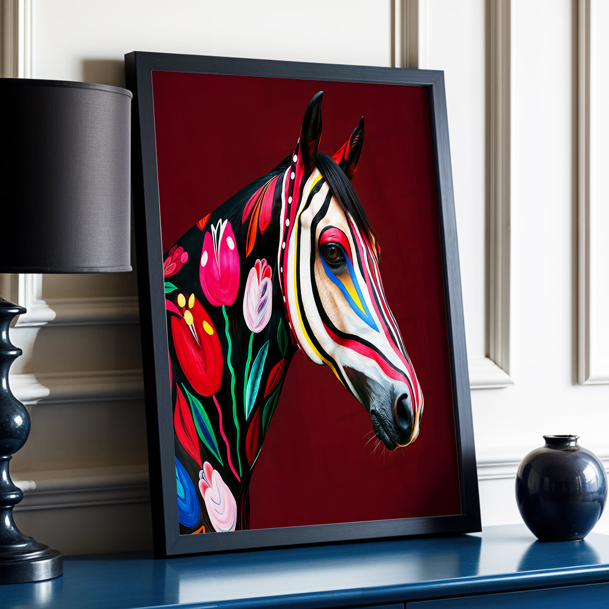 Floral Cavalcade, black, red, pink floral wall art displayed in a styled interior, gallery view 4