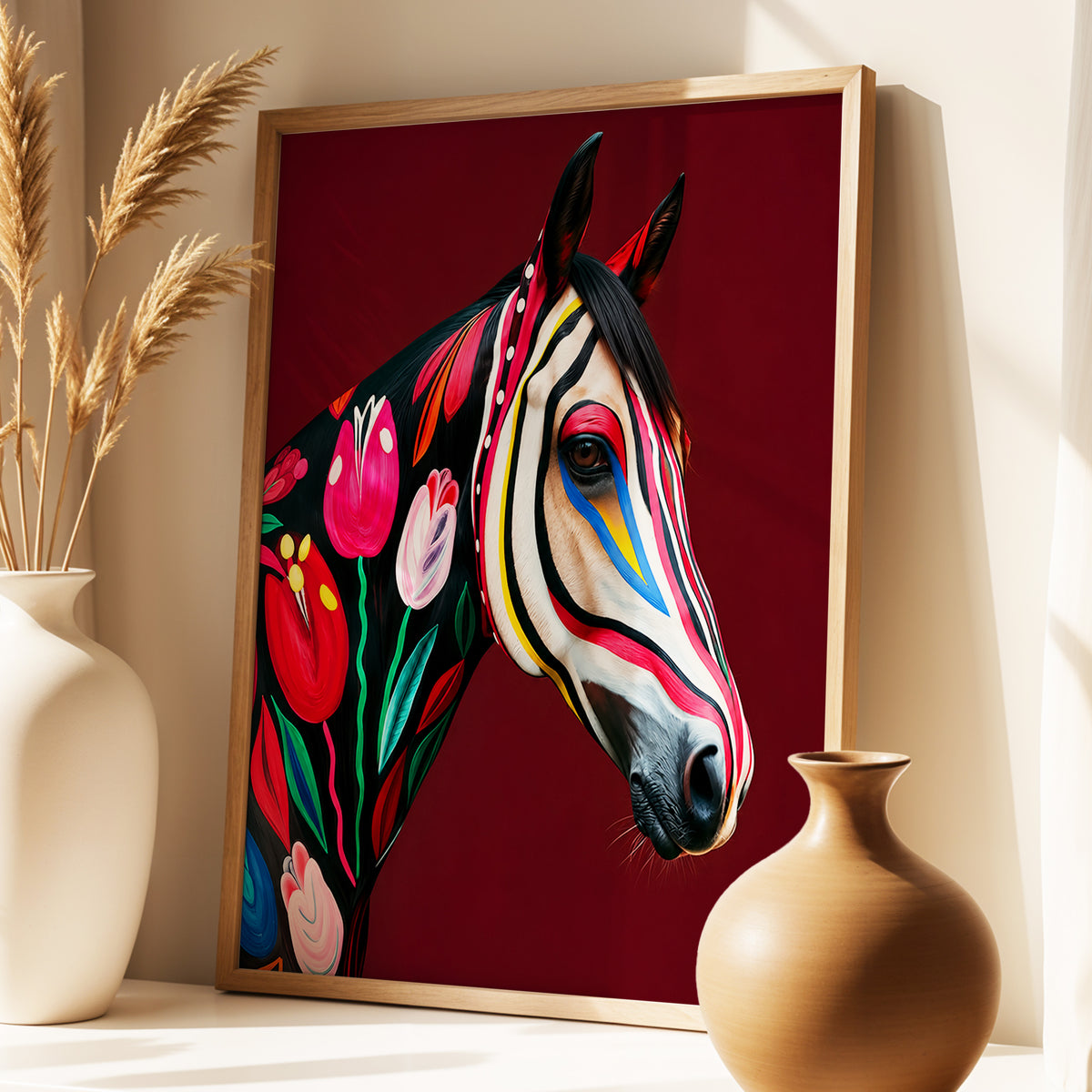 Floral Cavalcade, black, red, pink floral wall art displayed in a styled interior, gallery view 5