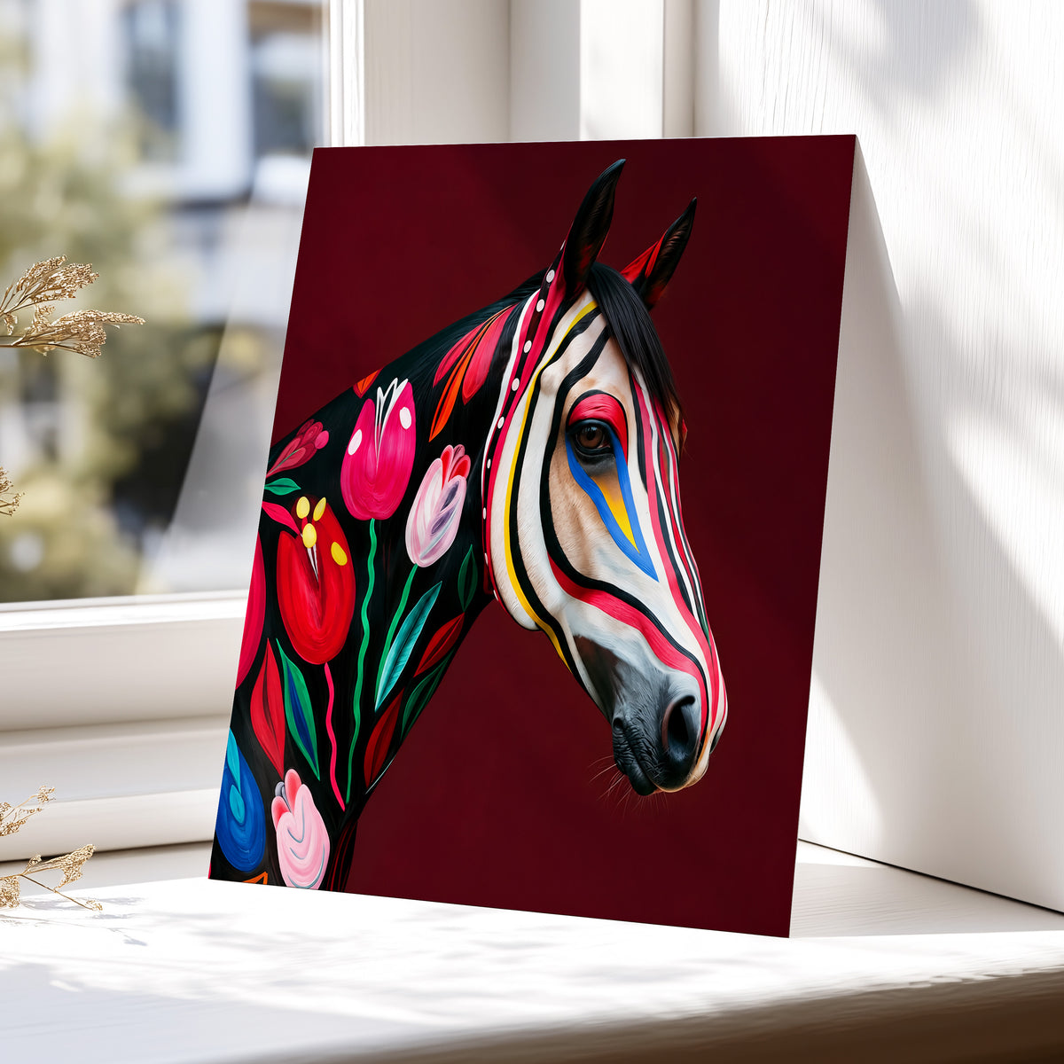 Floral Cavalcade, black, red, pink floral wall art displayed in a styled interior, gallery view 6