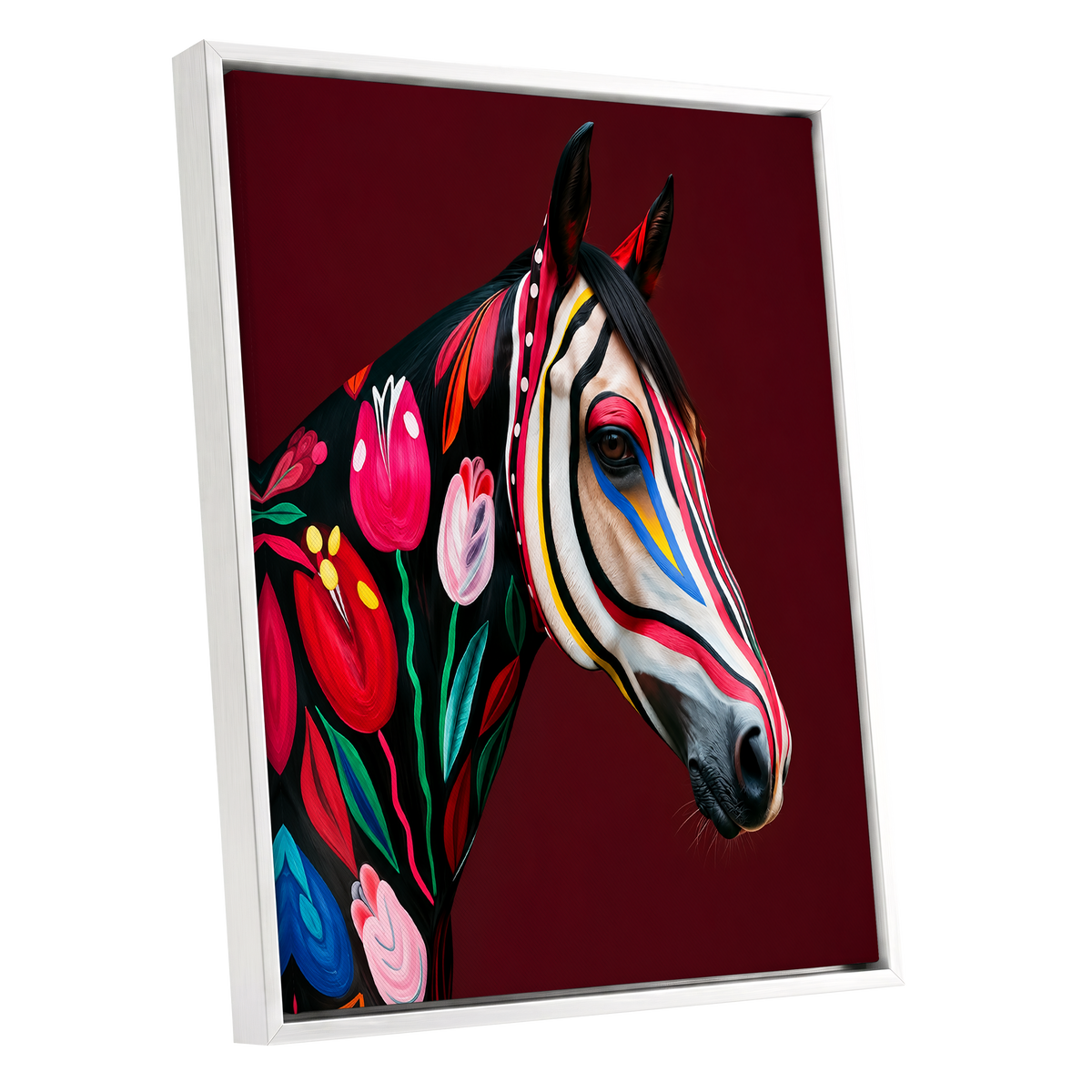 Floral Cavalcade, black, red, pink floral wall art shown as a white framed canvas wall art