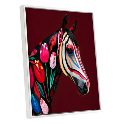 Floral Cavalcade, black, red, pink floral wall art shown as a white framed canvas wall art