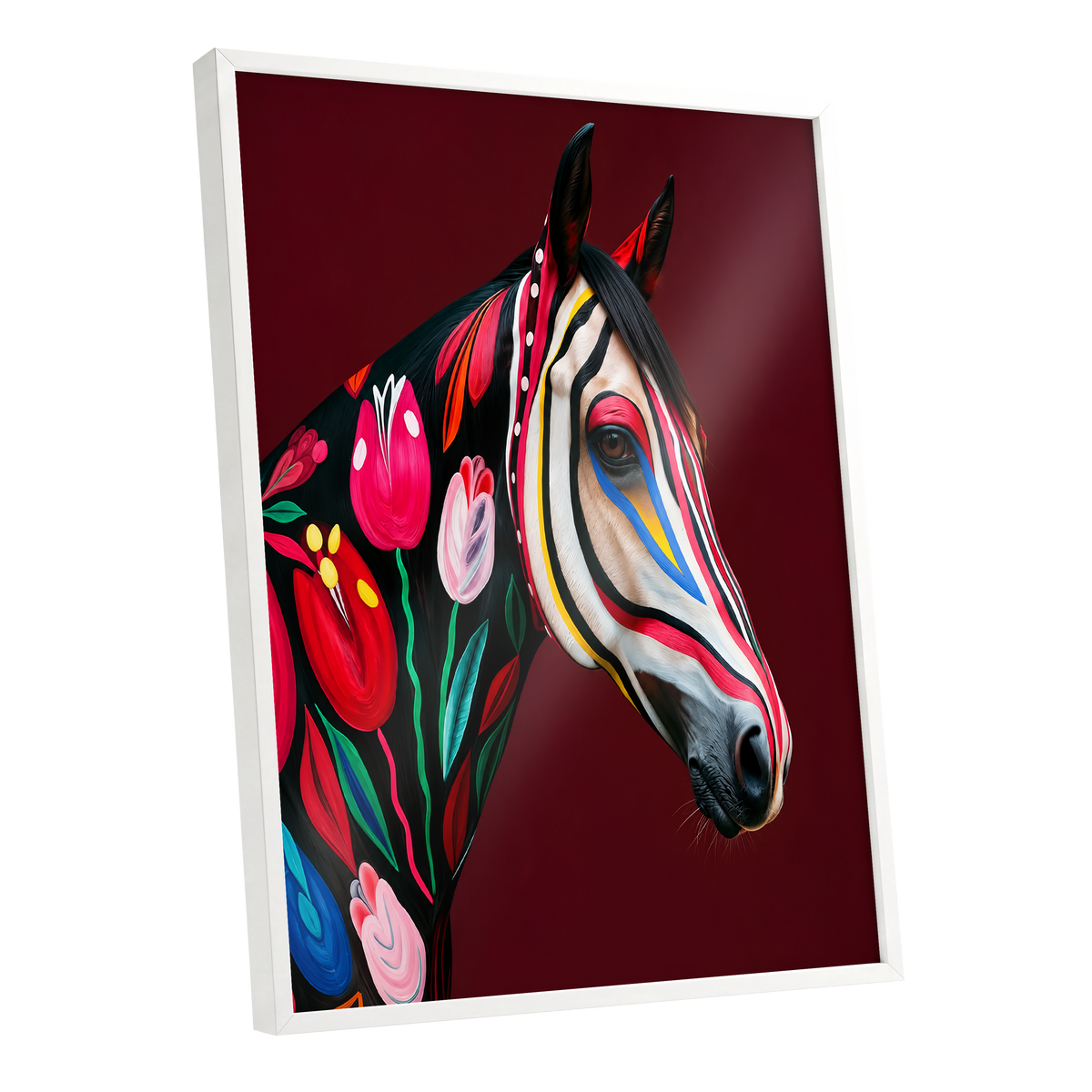 Floral Cavalcade, black, red, pink floral wall art shown as a white framed poster wall art print