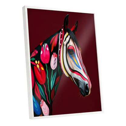 Floral Cavalcade, black, red, pink floral wall art shown as a white framed poster wall art print