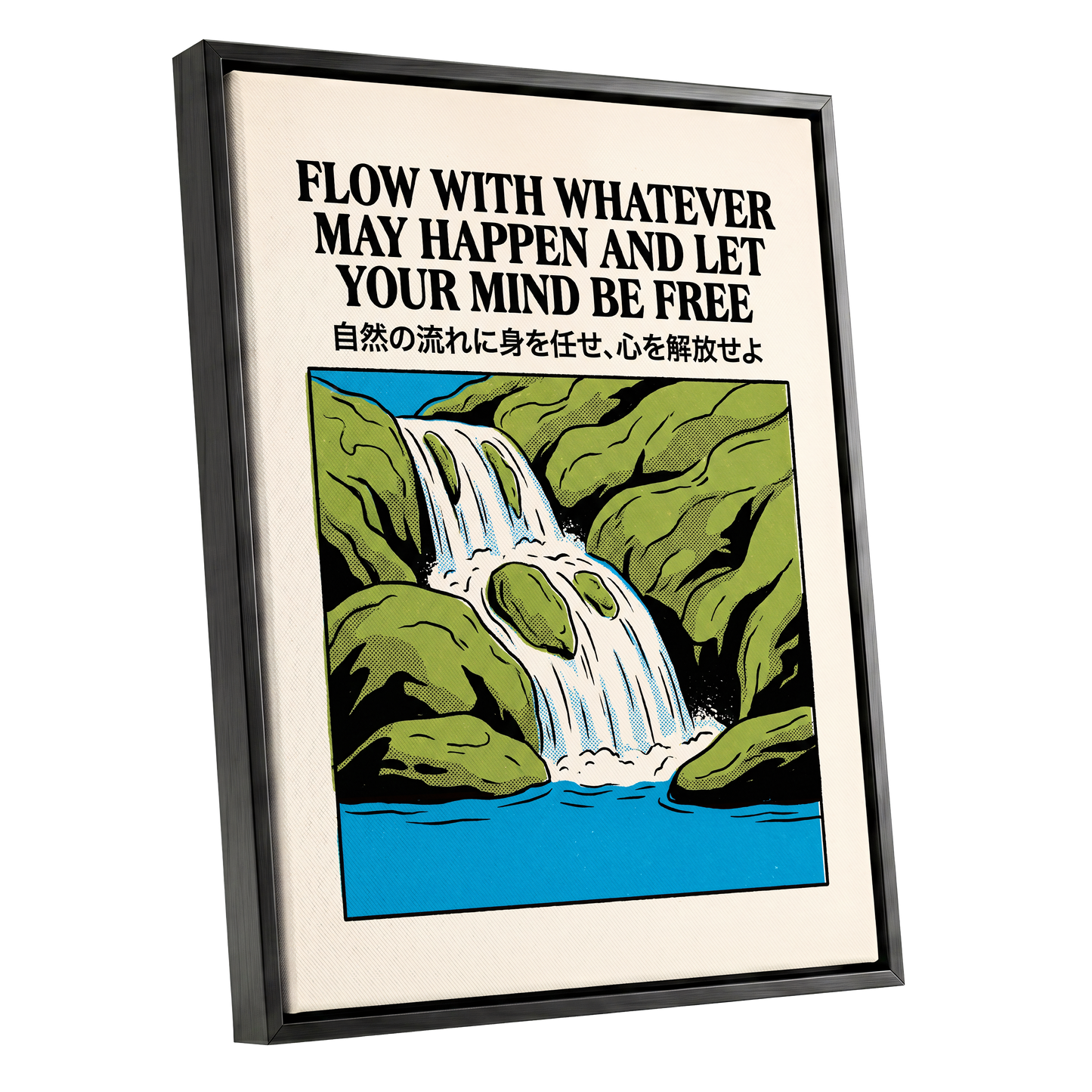 Flow State Falls, black, green, beige nature wall art shown as a black framed canvas wall art