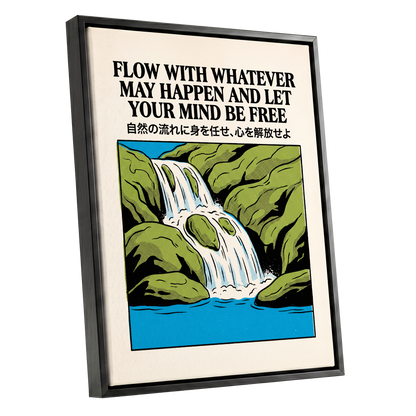 Flow State Falls, black, green, beige nature wall art shown as a black framed canvas wall art
