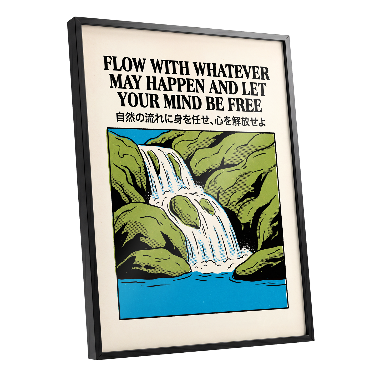 Flow State Falls, black, green, beige nature wall art shown as a black framed poster wall art print