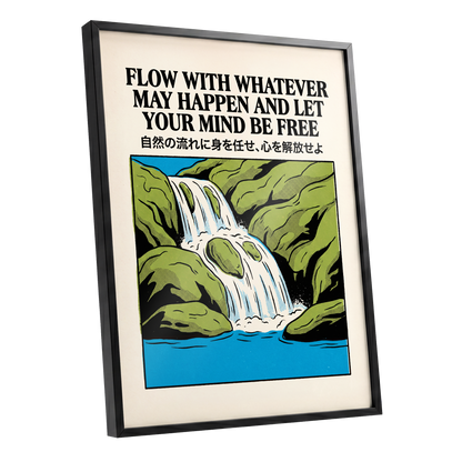 Flow State Falls, black, green, beige nature wall art shown as a black framed poster wall art print