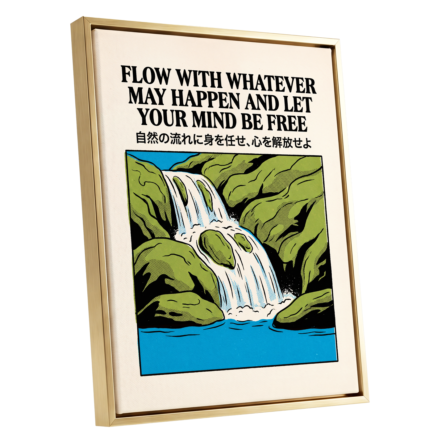 Flow State Falls, black, green, beige nature wall art shown as a gold framed canvas wall art