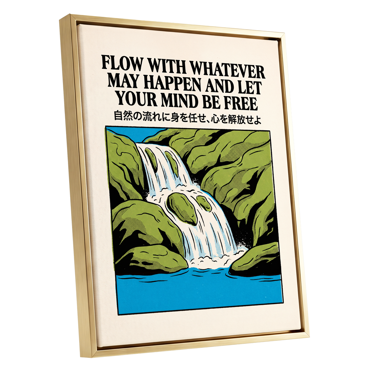 Flow State Falls, black, green, beige nature wall art shown as a gold framed canvas wall art