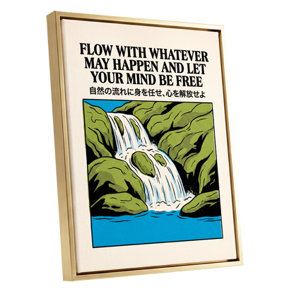 Flow State Falls, black, green, beige nature wall art shown as a gold framed canvas wall art