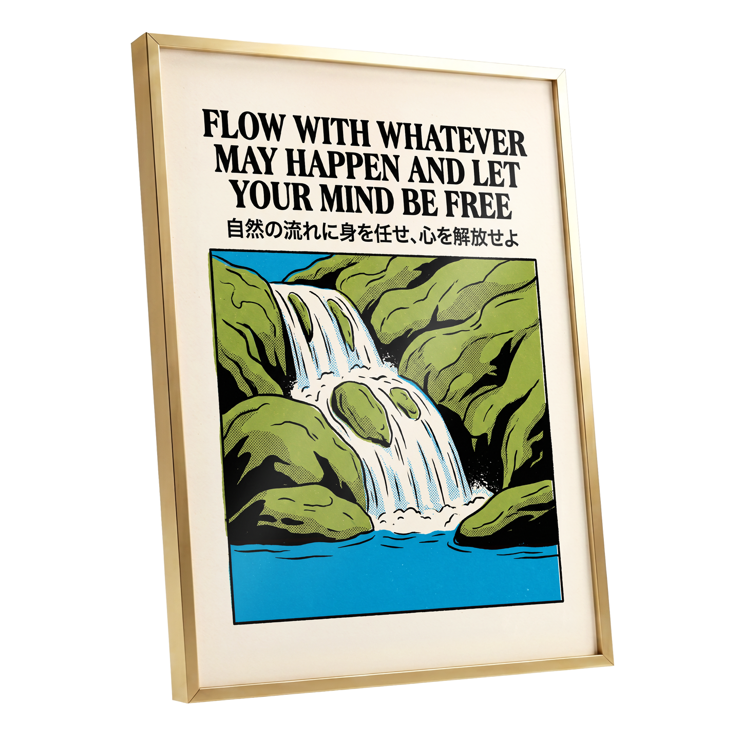 Flow State Falls, black, green, beige nature wall art shown as a gold framed poster wall art print