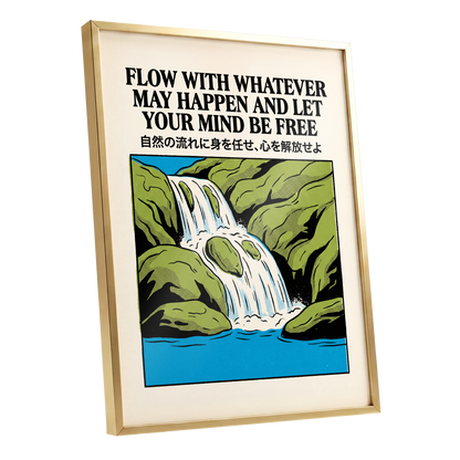 Flow State Falls, black, green, beige nature wall art shown as a gold framed poster wall art print