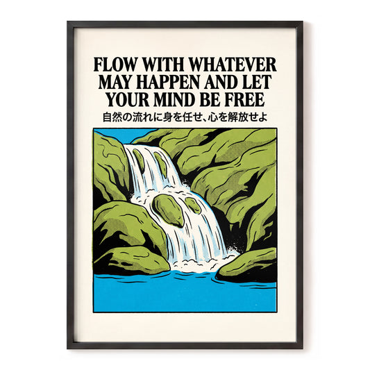 Flow State Falls, black, green, beige nature wall art, front artwork view