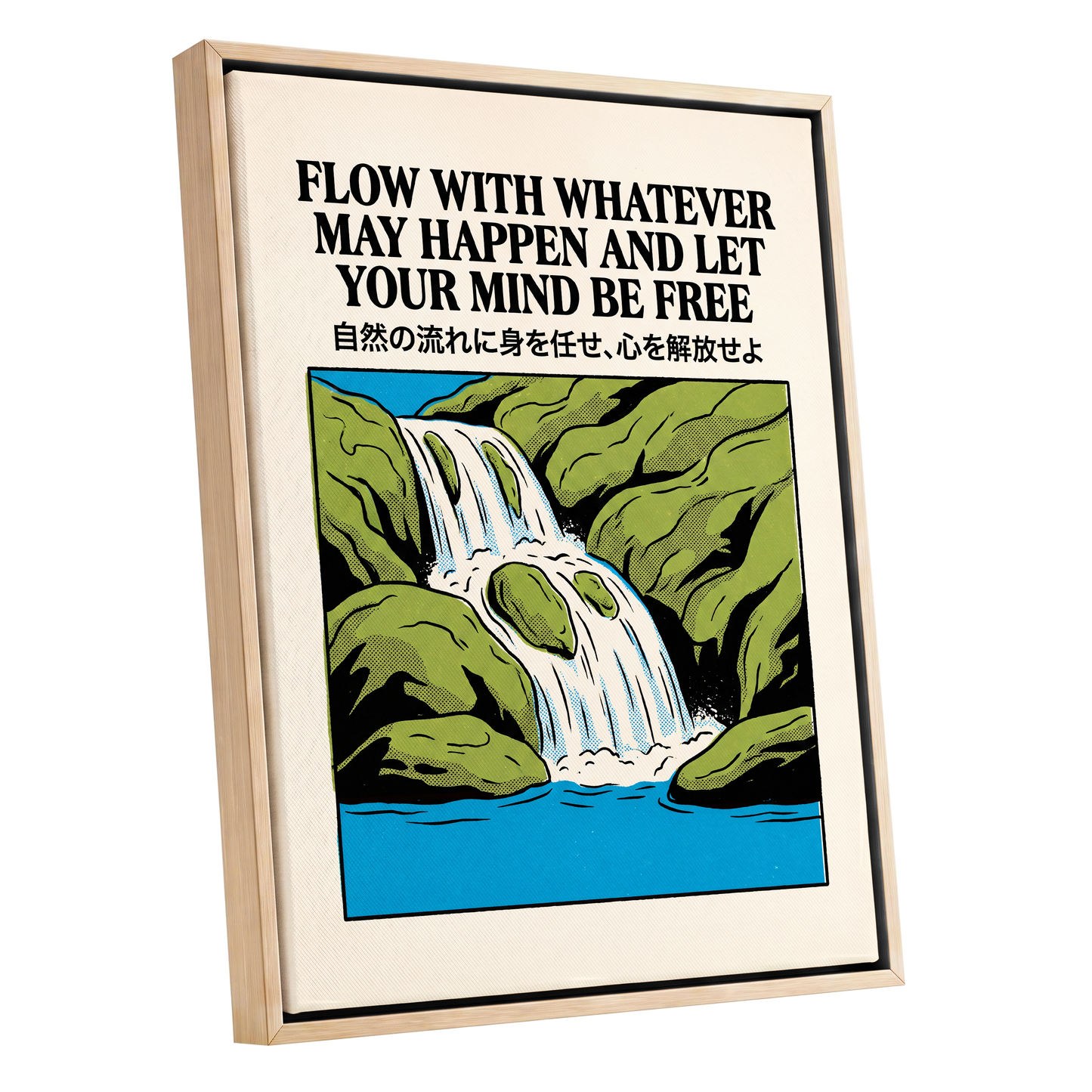 Flow State Falls, black, green, beige nature wall art shown as a oak framed canvas wall art