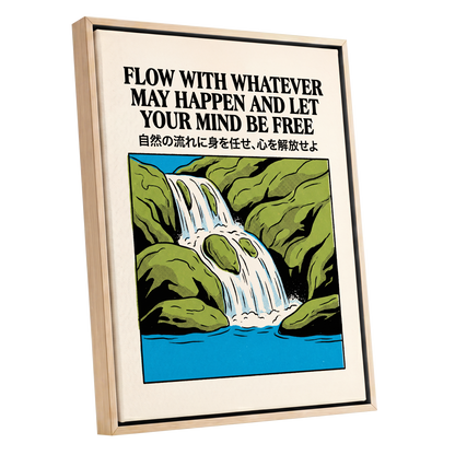 Flow State Falls, black, green, beige nature wall art shown as a oak framed canvas wall art