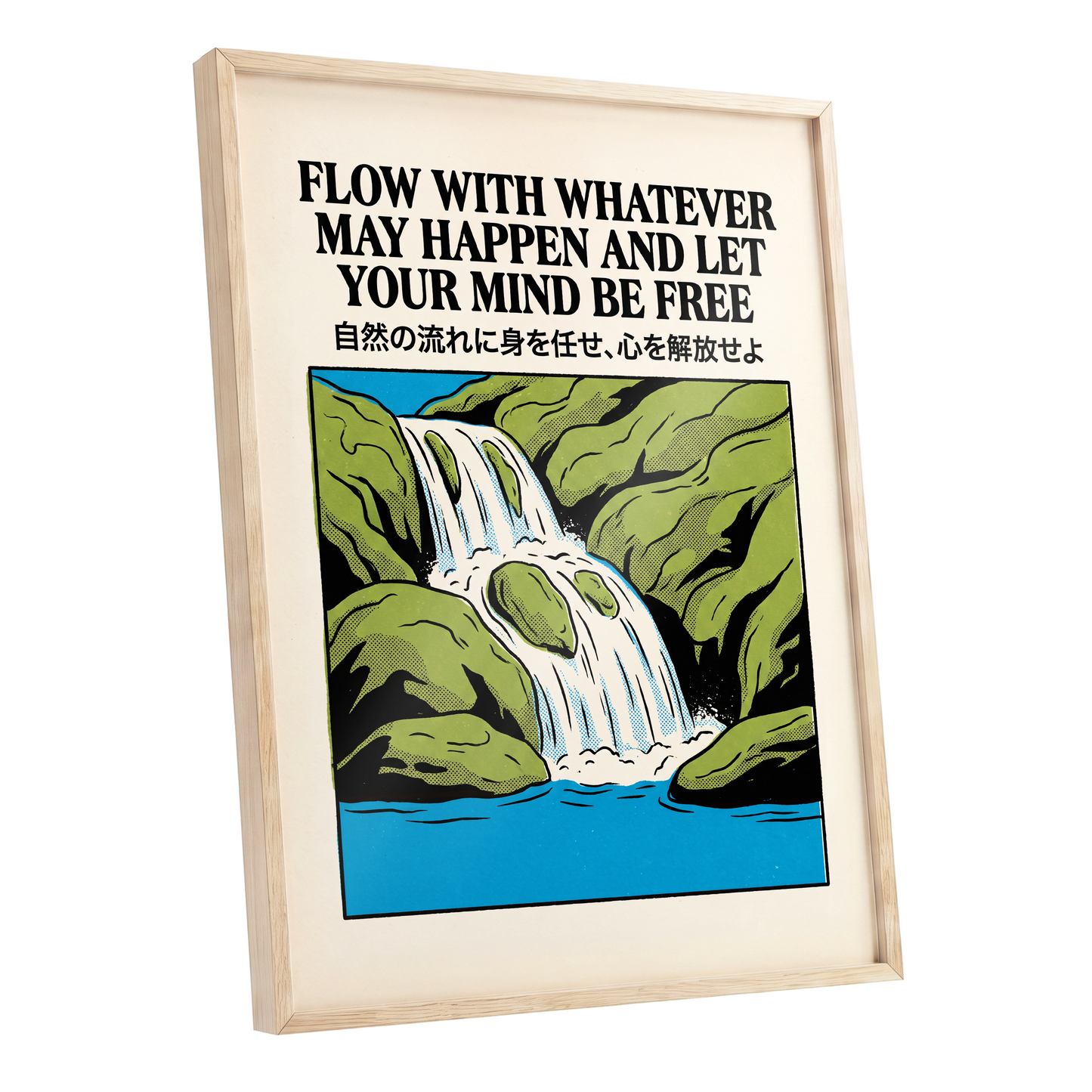 Flow State Falls, black, green, beige nature wall art shown as a oak framed poster wall art print