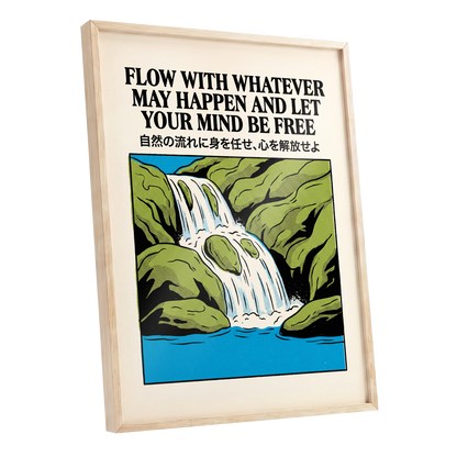 Flow State Falls, black, green, beige nature wall art shown as a oak framed poster wall art print
