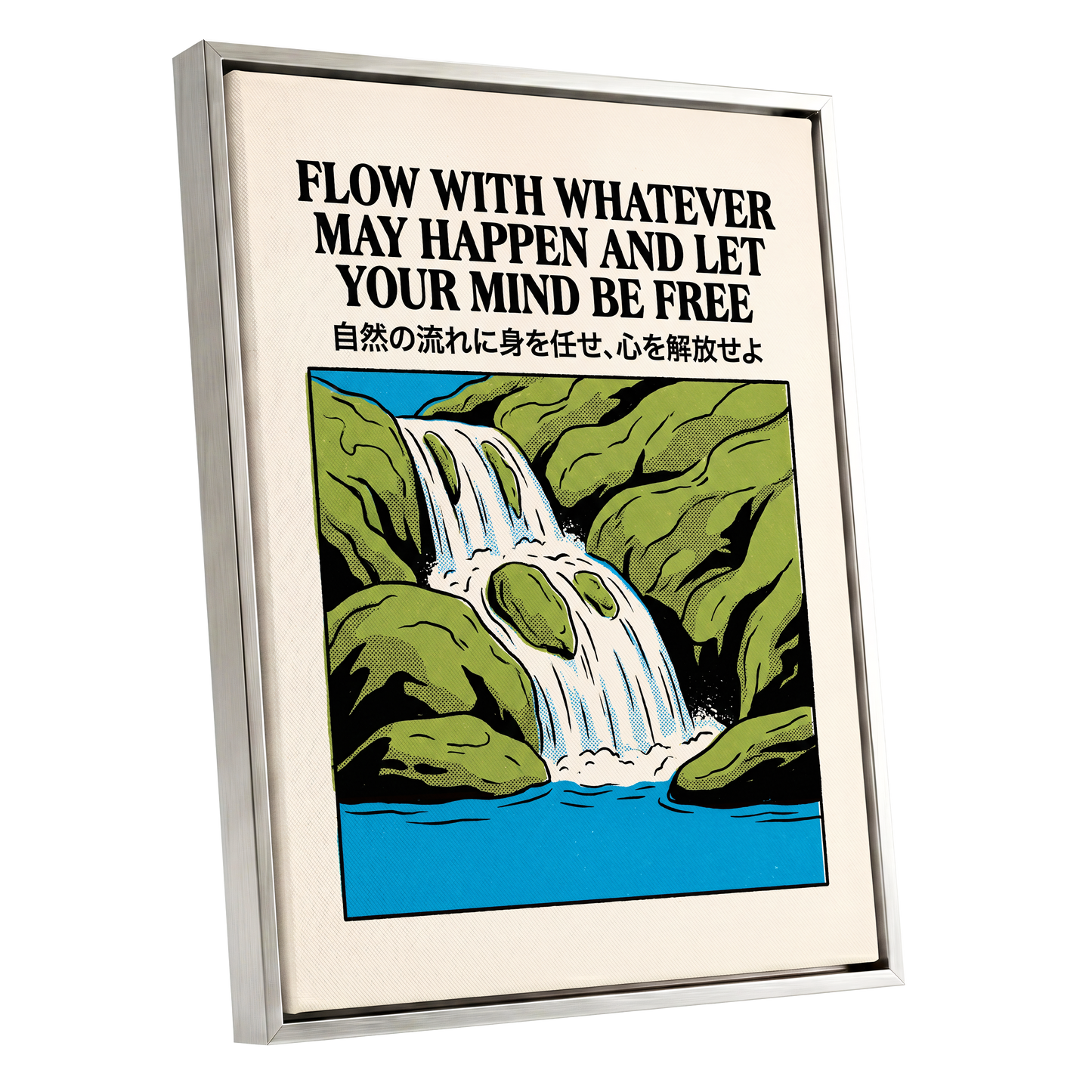 Flow State Falls, black, green, beige nature wall art shown as a silver framed canvas wall art