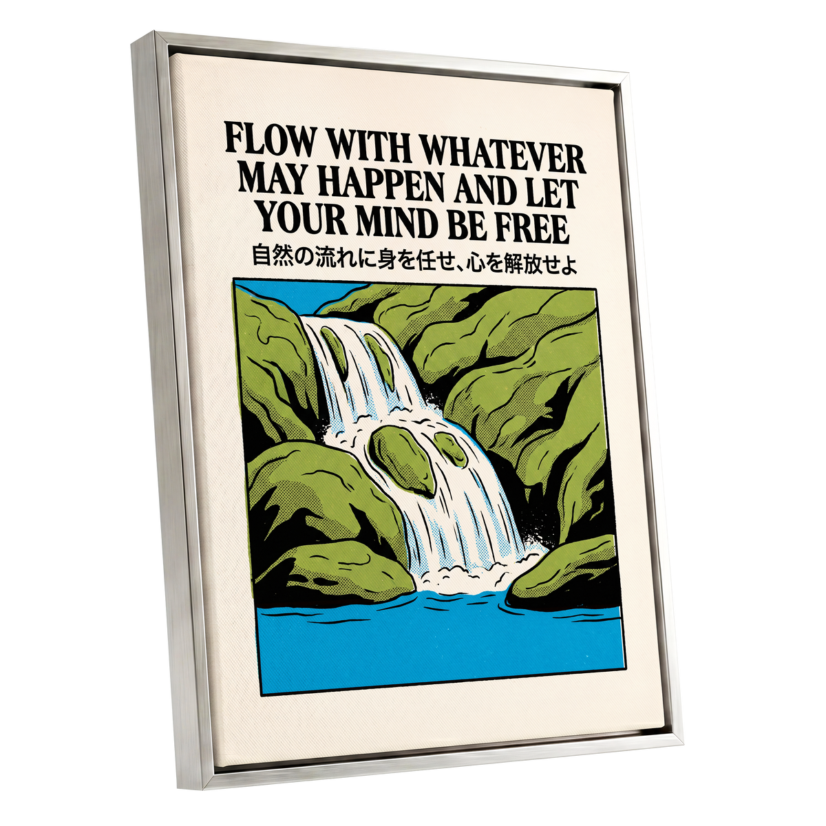 Flow State Falls, black, green, beige nature wall art shown as a silver framed canvas wall art
