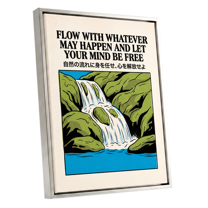 Flow State Falls, black, green, beige nature wall art shown as a silver framed canvas wall art