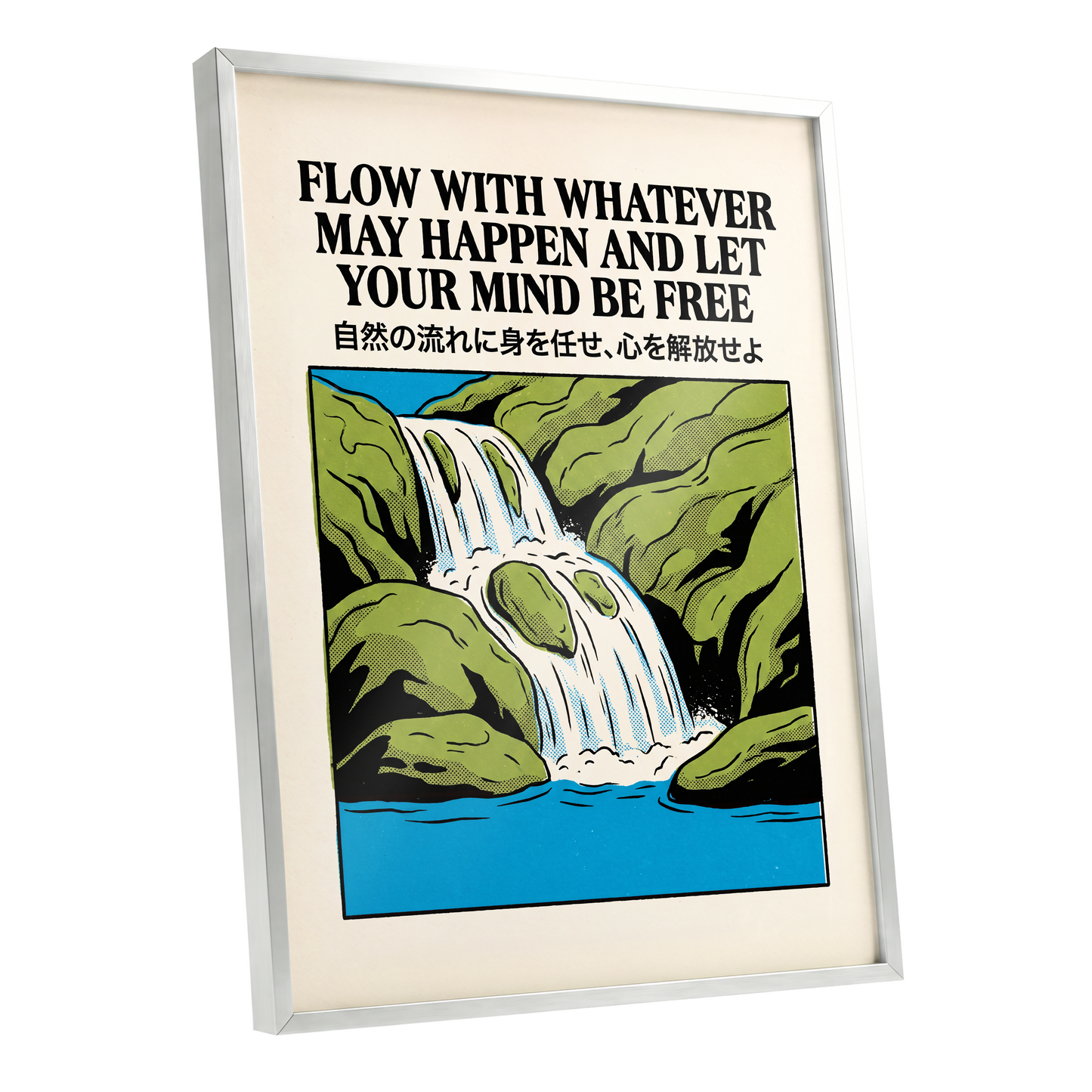 Flow State Falls, black, green, beige nature wall art shown as a silver framed poster wall art print