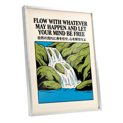 Flow State Falls, black, green, beige nature wall art shown as a silver framed poster wall art print