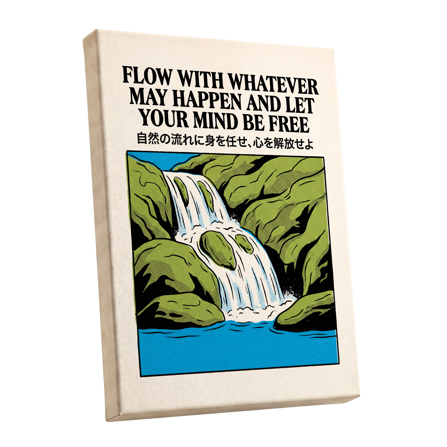 Flow State Falls, black, green, beige nature wall art shown as a stretched canvas wall art