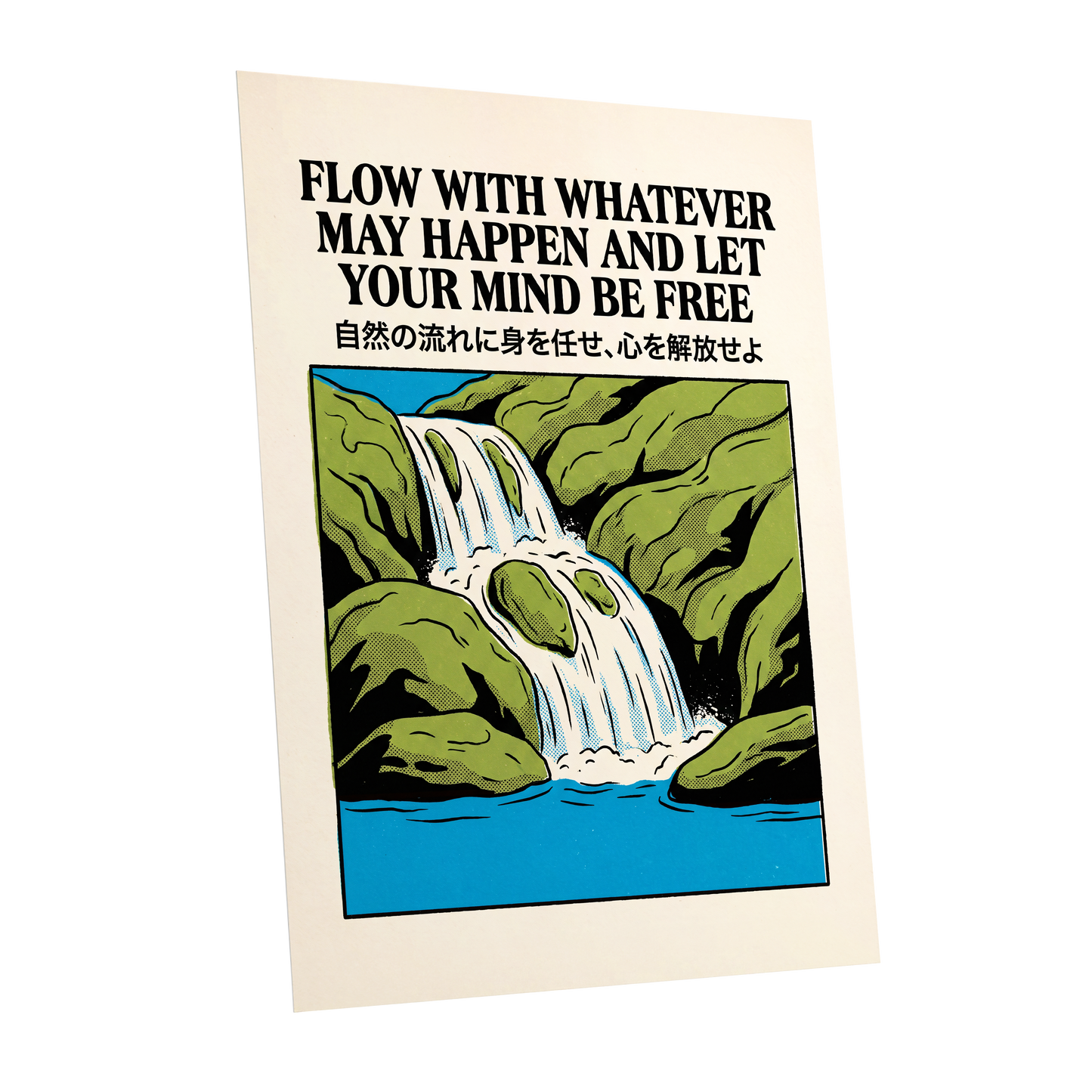 Flow State Falls, black, green, beige nature wall art shown as a unframed poster wall art print