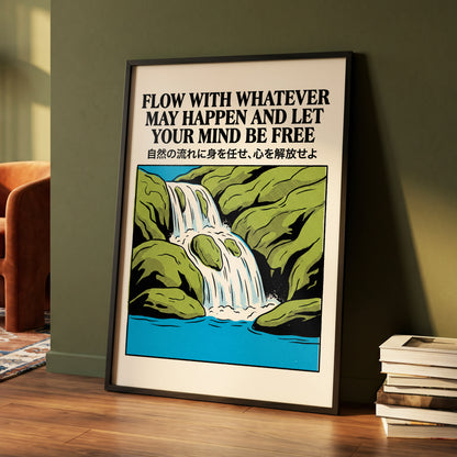 Flow State Falls, black, green, beige nature wall art displayed in a styled interior, gallery view 2