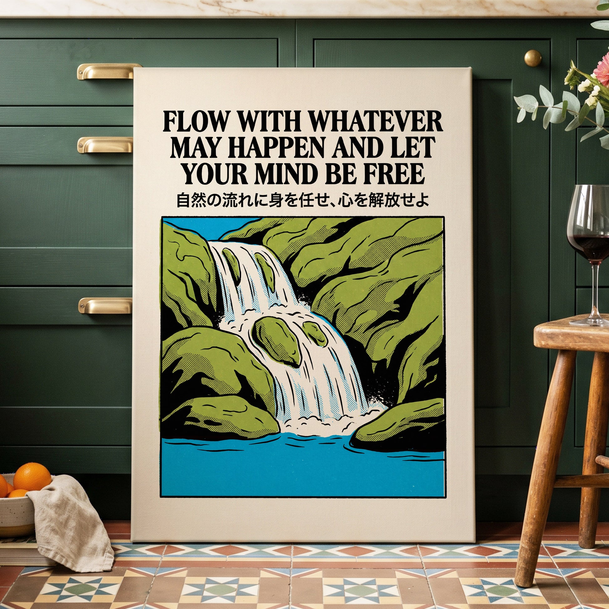 Flow State Falls, black, green, beige nature wall art displayed in a styled interior, gallery view 3