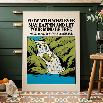 Flow State Falls, black, green, beige nature wall art displayed in a styled interior, gallery view 3
