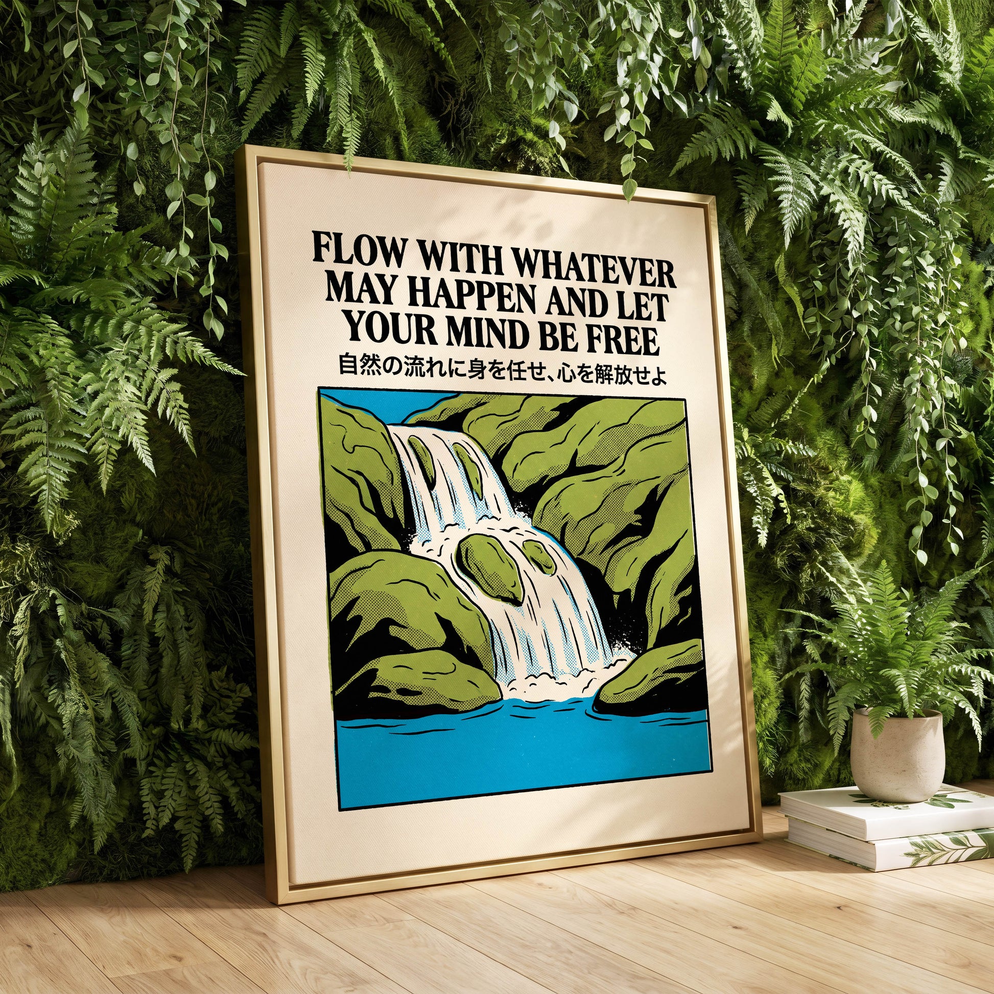 Flow State Falls, black, green, beige nature wall art displayed in a styled interior, gallery view 4