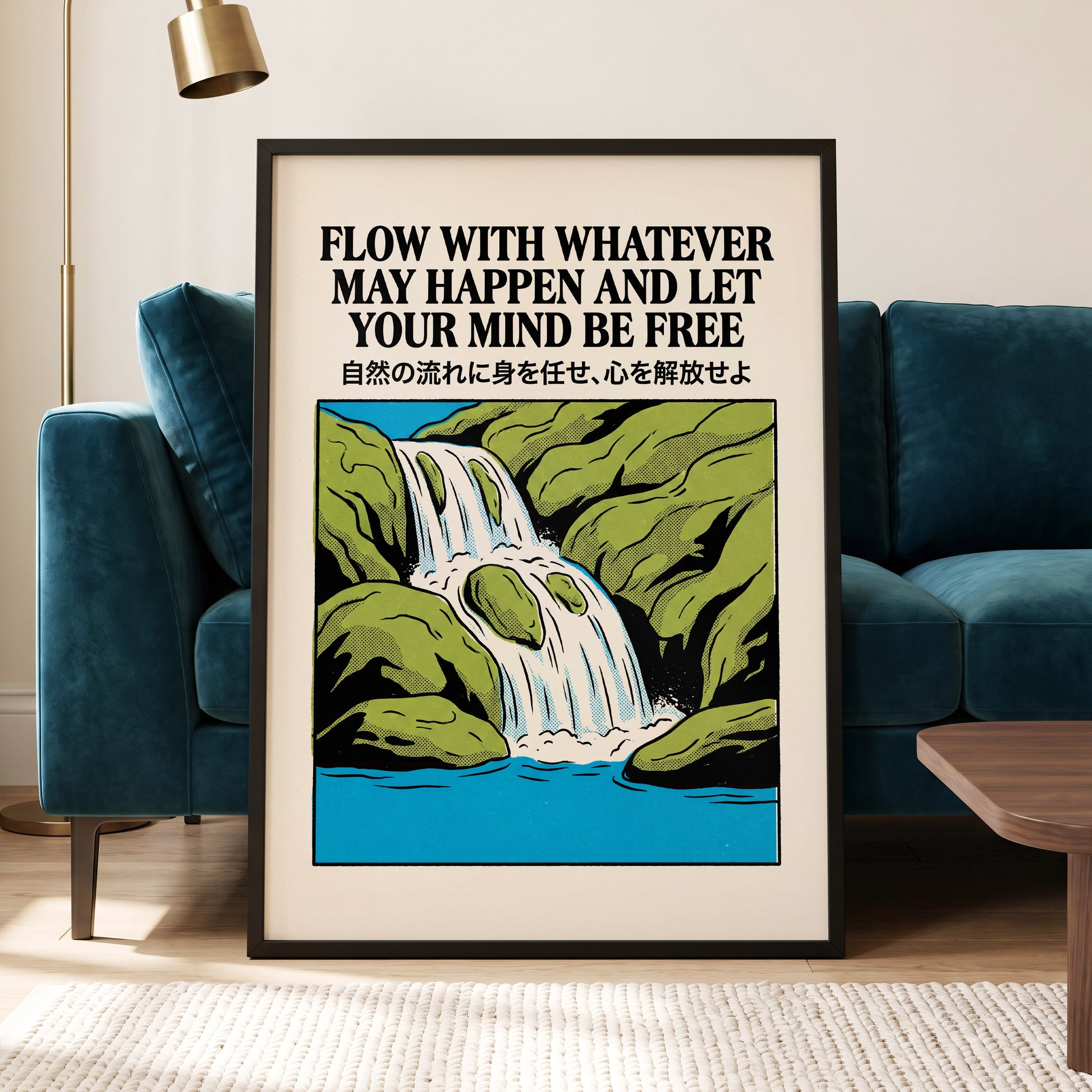 Flow State Falls, black, green, beige nature wall art displayed in a styled interior, gallery view 6