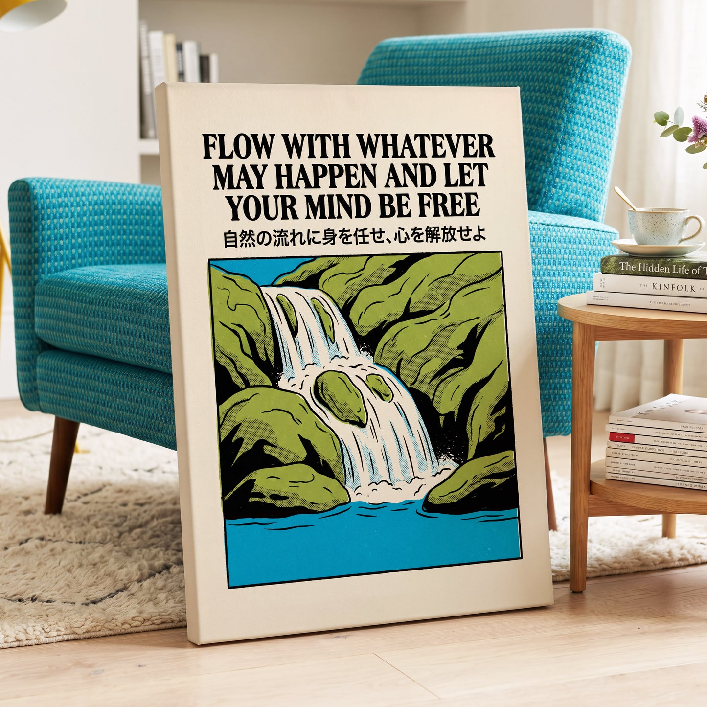 Flow State Falls, black, green, beige nature wall art displayed in a styled interior, gallery view 7