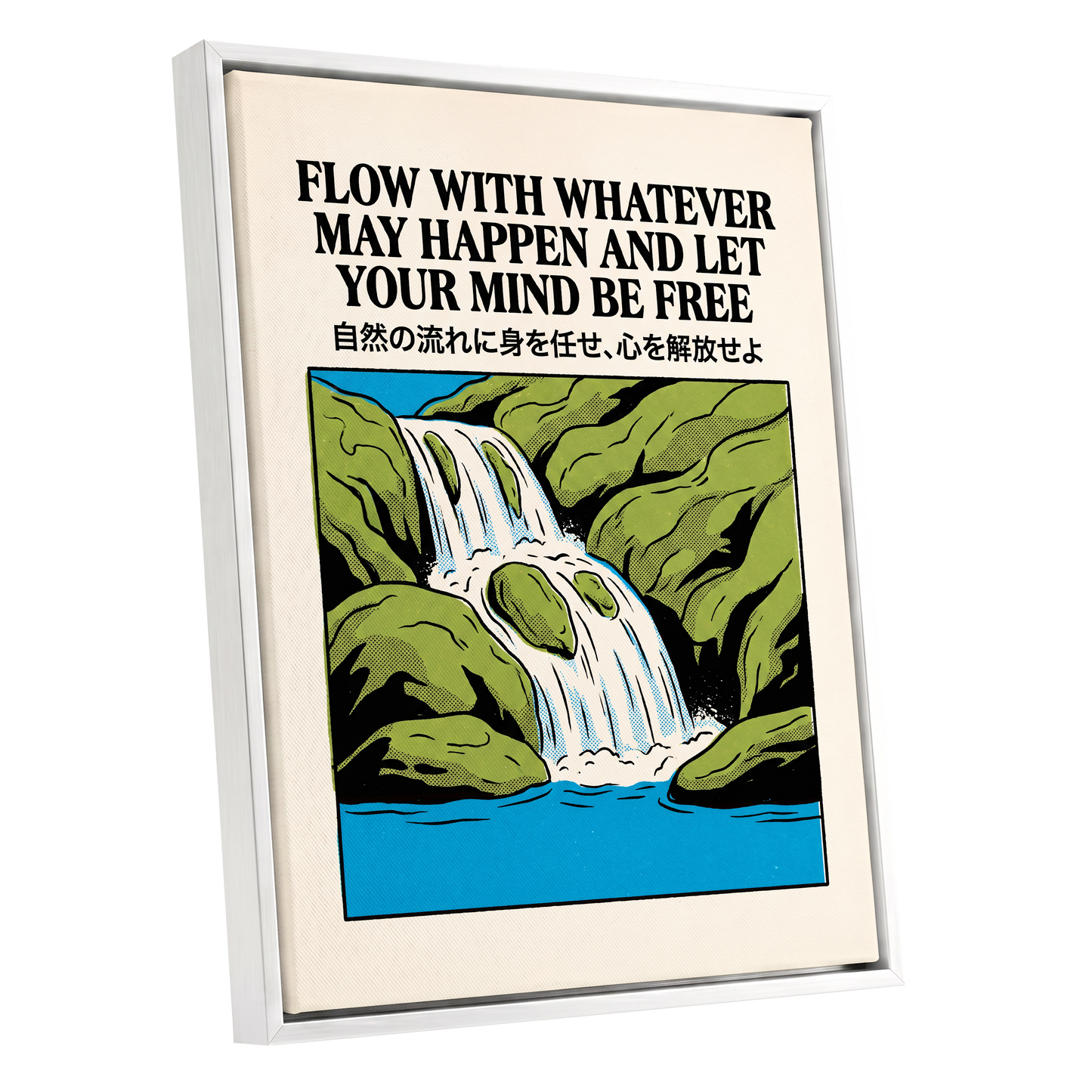 Flow State Falls, black, green, beige nature wall art shown as a white framed canvas wall art